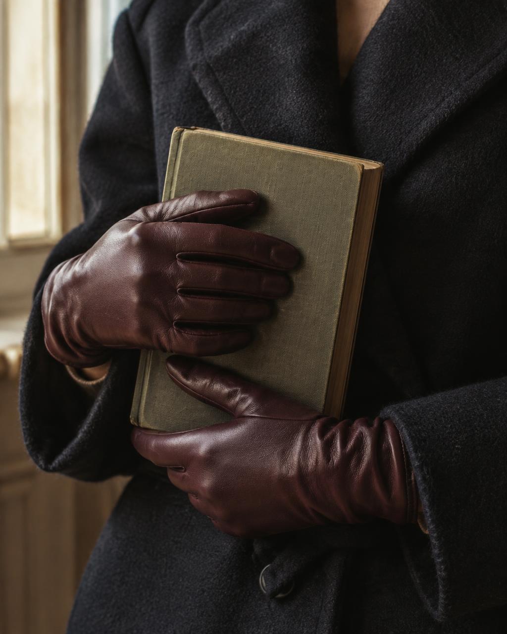 Colette Burgundy leather gloves worn