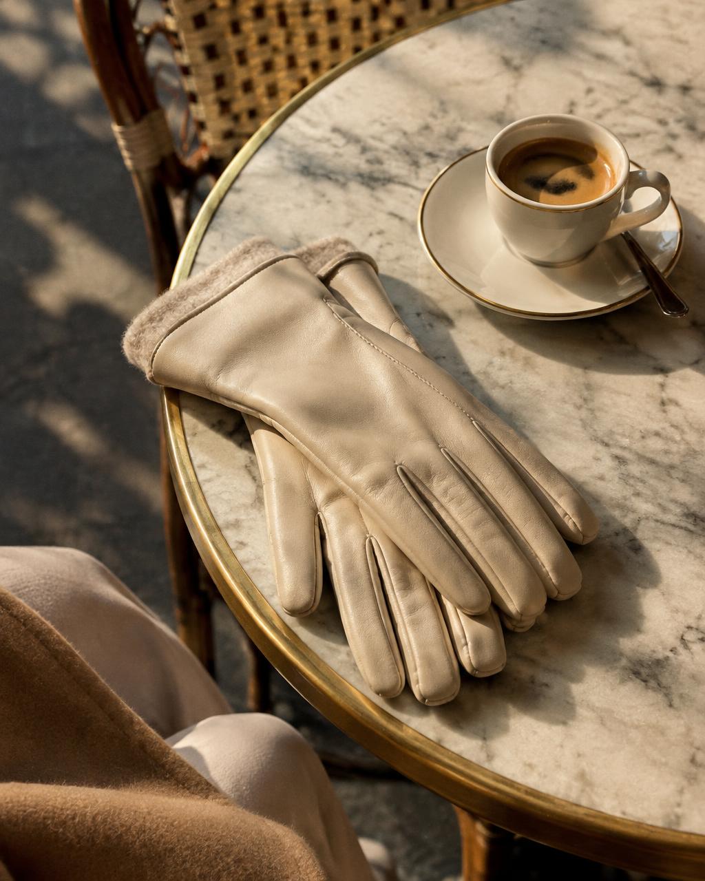 Odette Oatmeal leather gloves worn