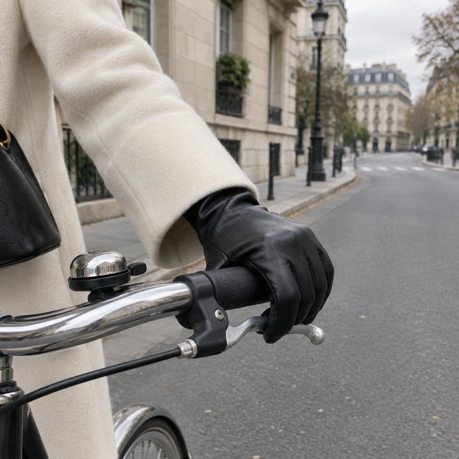 Black Amarelle gloves on a bicycle in Paris