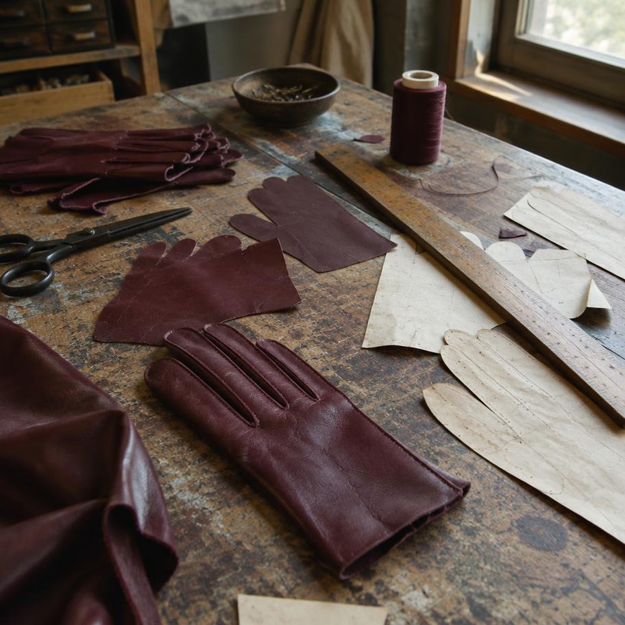 Burgundy glove pieces at the atelier